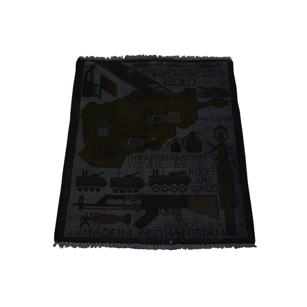 Shahbanu Rugs Hand-Knotted Afghan War Guns and Tanks Design Overdyed Rug (2'0" x 2'6") - 2'0" x 2'6"