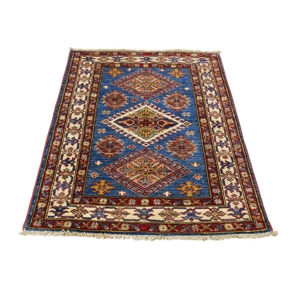 Shahbanu Rugs Denim Blue Super Kazak Hand-Knotted Pure Wool Oriental Rug (2'9" x 3'10") - 2'9" x 3'10"