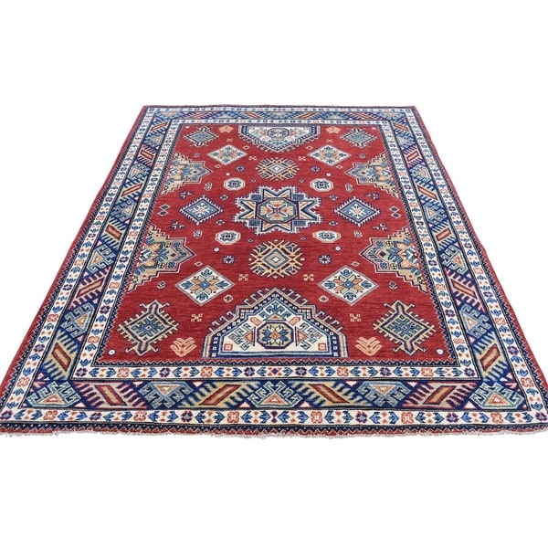 Shahbanu Rugs Hand-Knotted Red Special Kazak Geometric Design Oriental Rug (5'0" x 6'7") - 5'0" x 6'7"