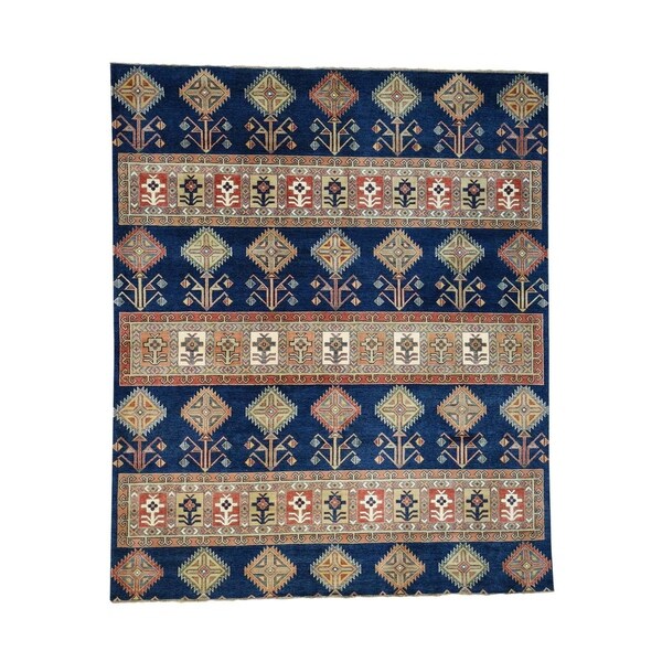 Shahbanu Rugs Hand-Knotted Navy Blue Special Kazak Southwestern Design Rug (8'3" x 9'9") - 8'3" x 9'9"