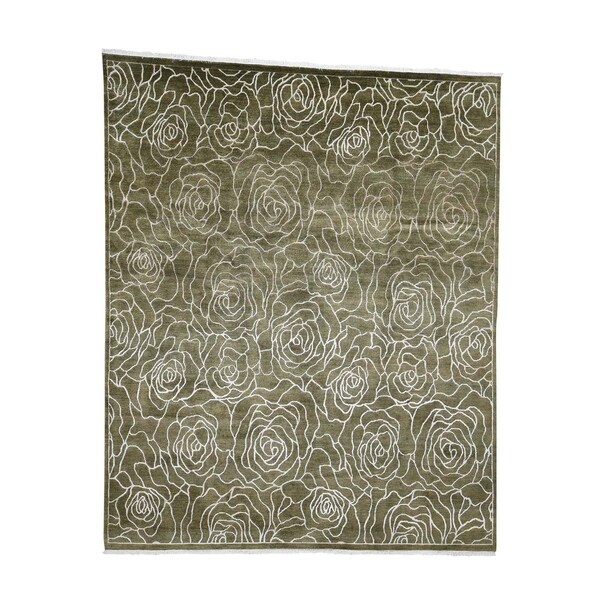 Shahbanu Rugs Hand-Knotted Modern Rose Design Wool And Silk Oriental Rug (8'0" x 9'10") - 8'0" x 9'10"