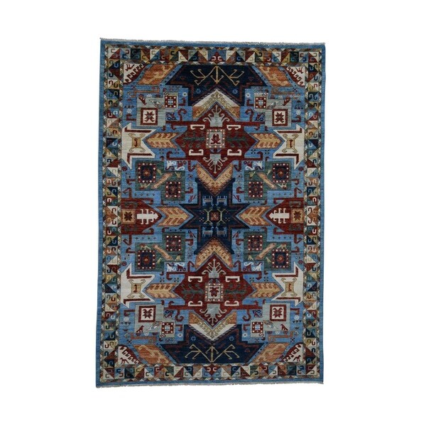 Shahbanu Rugs Star Design Super Kazak Pure Wool Hand-Knotted Oriental Rug (6'1" x 9'0") - 6'1" x 9'0"
