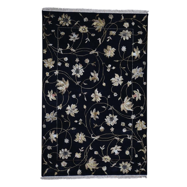 Shahbanu Rugs Hand-Knotted Half Wool & Half Silk Rajasthan Oriental Rug (6'1" x 9'3") - 6'1" x 9'3"