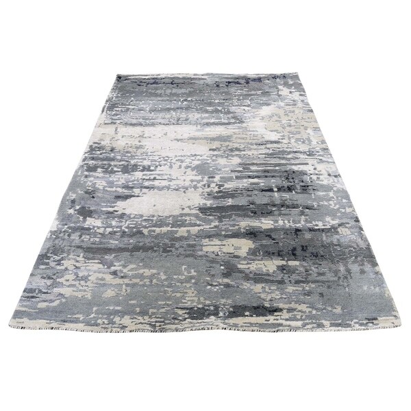Shahbanu Rugs Hi-Low Pile Abstract Design Wool And Silk Hand-Knotted Oriental Rug (4'0" x 5'10") - 4'0" x 5'10"