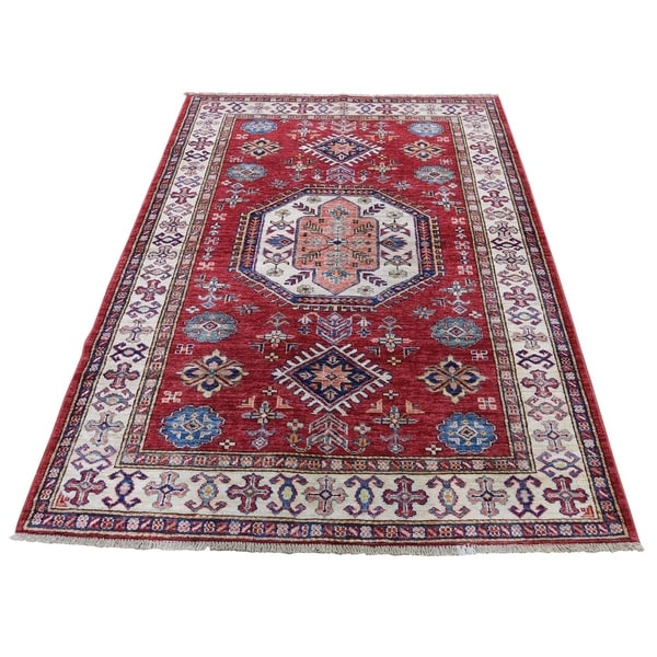 Shahbanu Rugs Super Kazak Pure Wool Geometric Design Hand-Knotted Oriental Rug (4'1" x 6'0") - 4'1" x 6'0"