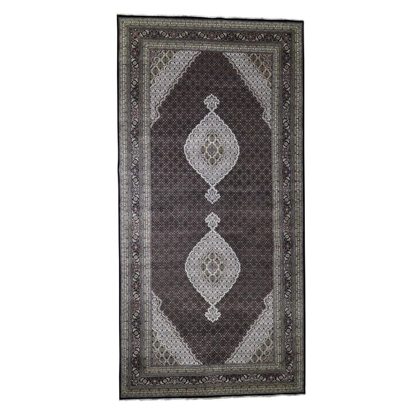 Shahbanu Rugs Gallery Size Wool and Silk Tabriz Mahi Design Hand-Knotted Rug (9'0" x 18'2") - 9'0" x 18'2"
