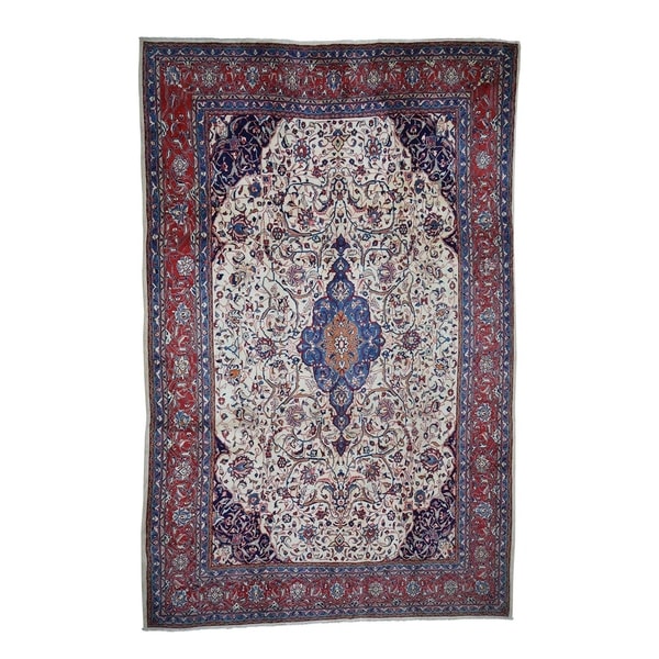 Shahbanu Rugs Semi Antique Persian Sarouk Pure Wool Full Pile Exc Condition Rug (7'4" x 11'4") - 7'4" x 11'4"