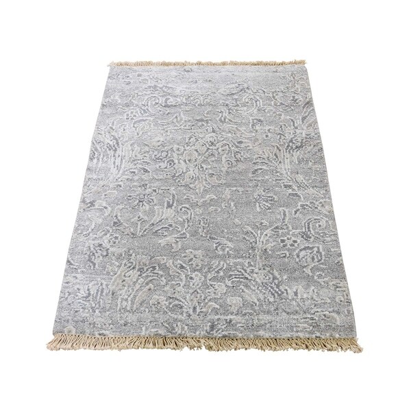 Shahbanu Rugs Broken Design Wool And Silk Tone on Tone Hand-Knotted Oriental Rug Mat (2'0" x 3'0") - 2'0" x 3'0"