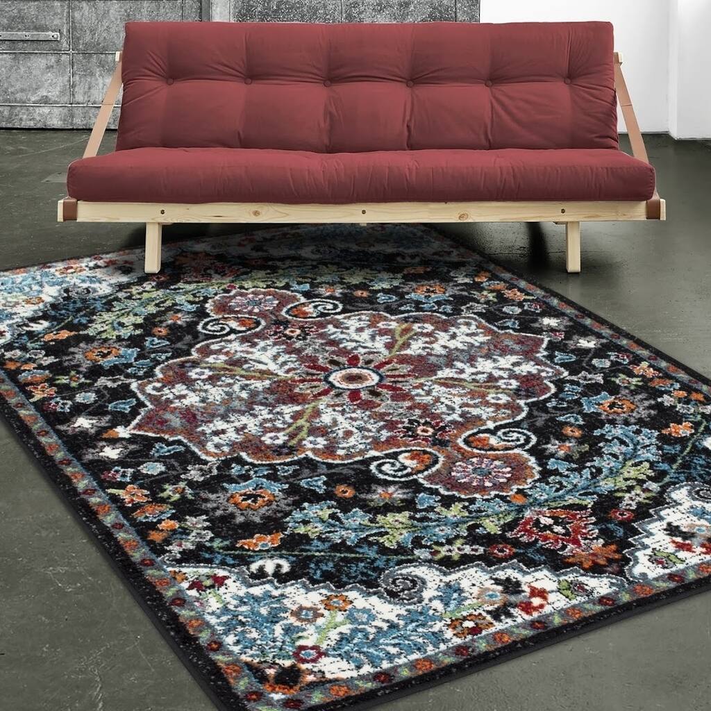 Allstar Rugs Black and White Medalion Bordered Traditional Rectangular Area Rug with Turquoise Design - 7' 9"x9' 8"
