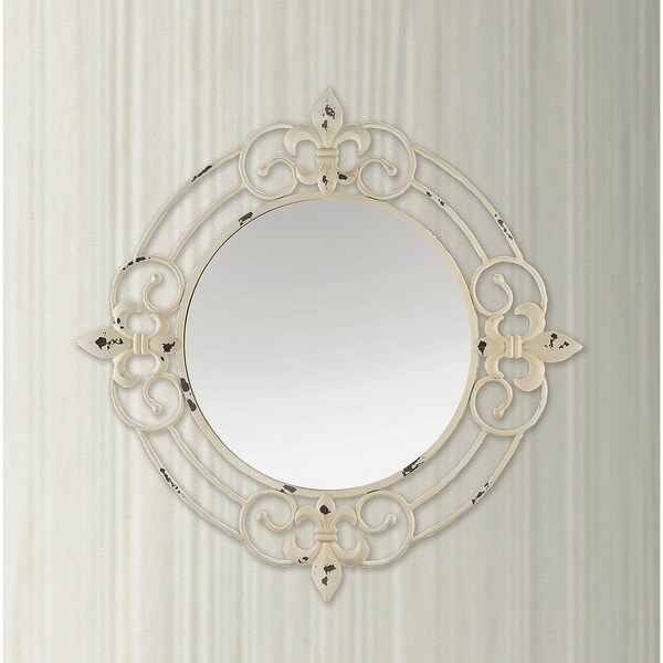 Vintage Fleur-de-Lis Round Mirror - Antique White