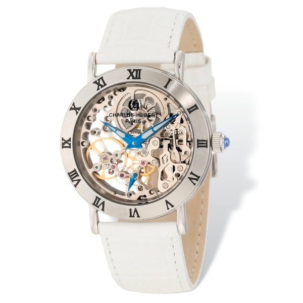 Ladies Charles Hubert Stainless Skeleton Dial Leather Band 35mm Watch by Versil - Silver