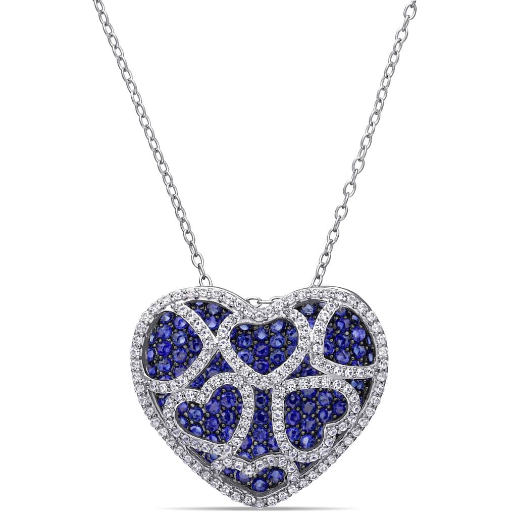 Miadora Sterling Silver with Black Rhodium Created Blue and White Sapphire Heart Necklace