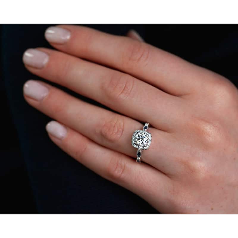 Annello by Kobelli 14k White Gold 1 2/5 Carat TGW Moissanite, Diamond, and Blue Sapphire Cathedral Halo Engagement Ring