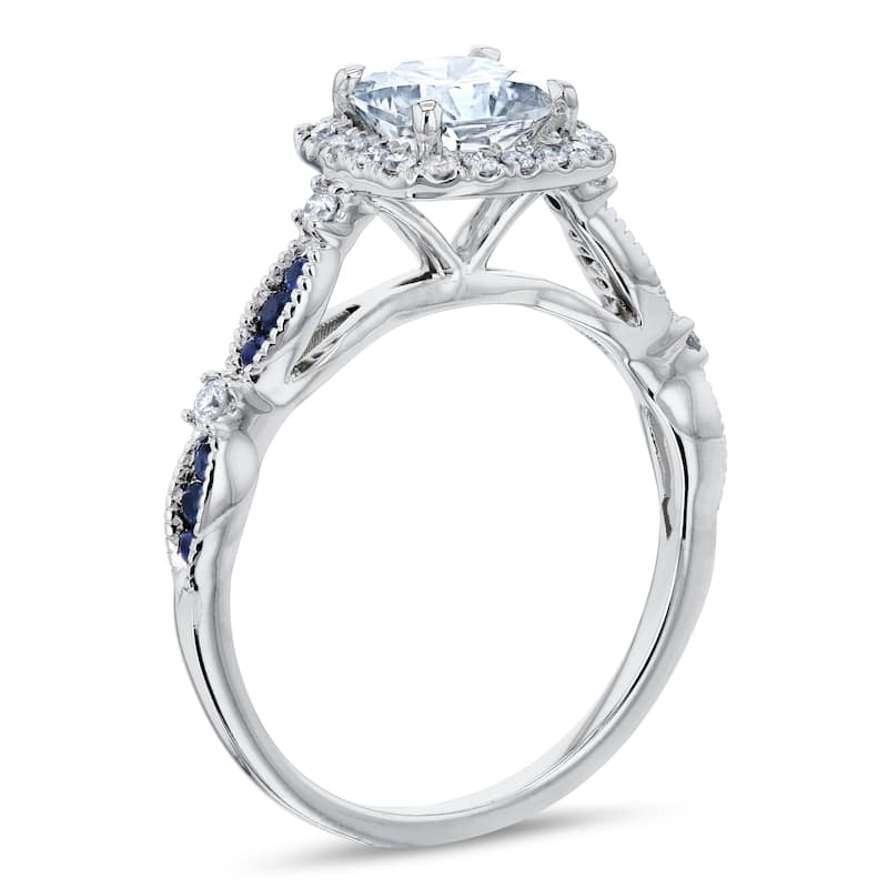 Annello by Kobelli 14k White Gold 1 2/5 Carat TGW Moissanite, Diamond, and Blue Sapphire Cathedral Halo Engagement Ring