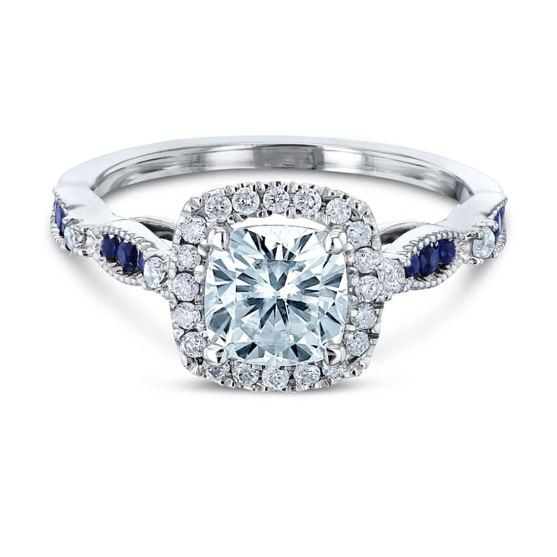 Annello by Kobelli 14k White Gold 1 2/5 Carat TGW Moissanite, Diamond, and Blue Sapphire Cathedral Halo Engagement Ring
