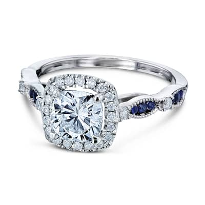 Annello by Kobelli 14k White Gold 1 2/5 Carat TGW Moissanite, Diamond, and Blue Sapphire Cathedral Halo Engagement Ring
