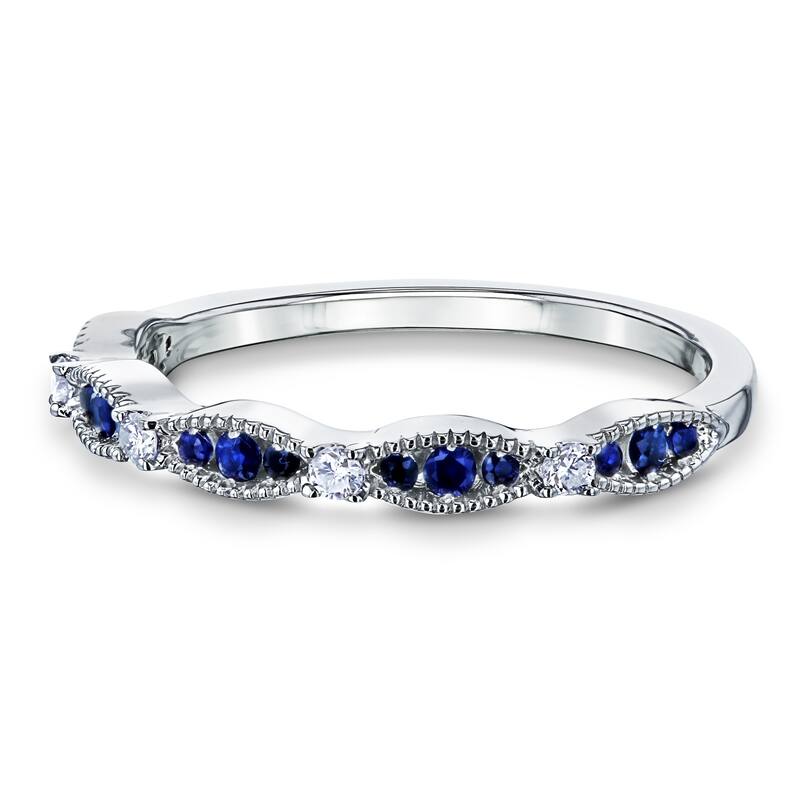 Kobelli 0.2 Carat Blue Sapphire & White Diamond Solid 14k Gold Natural Gemstone Stackable Scallop Ring