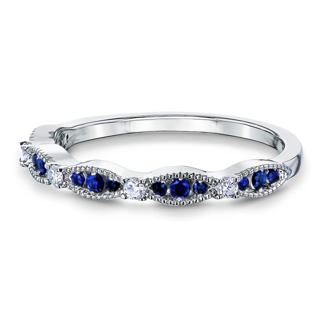 Kobelli 0.2 Carat Blue Sapphire & White Diamond Solid 14k Gold Natural Gemstone Stackable Scallop Ring