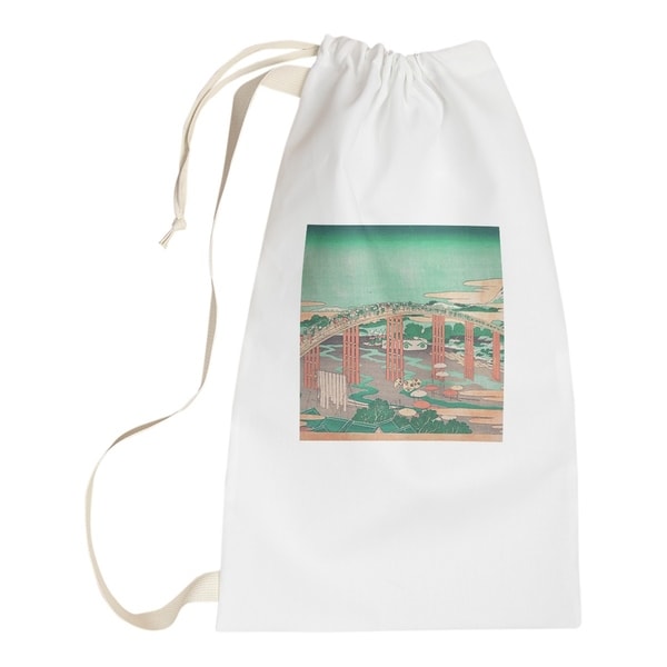 Katsushika Hokusai Japanese Bridge in Green and Peach Laundry Bag