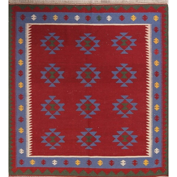 Kilim Geometric Hand Woven Wool Persian Area Rug - 6'8" x 5'5"