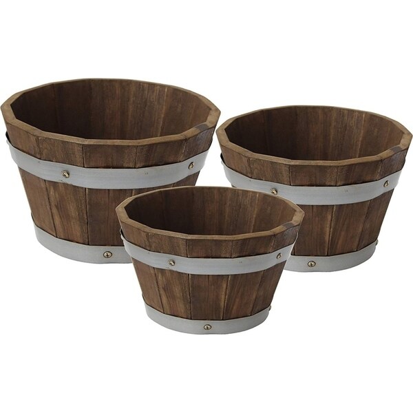 Happy Planter HPCH002A Wood Barrel Outdoor Planter, 3 Piece Set, Color Mocha Brown