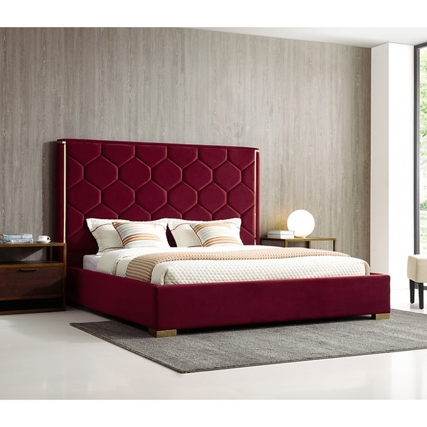 Blauvelt Queen Size Red Velvet Upholstered Platform Bed with Gold Accents
