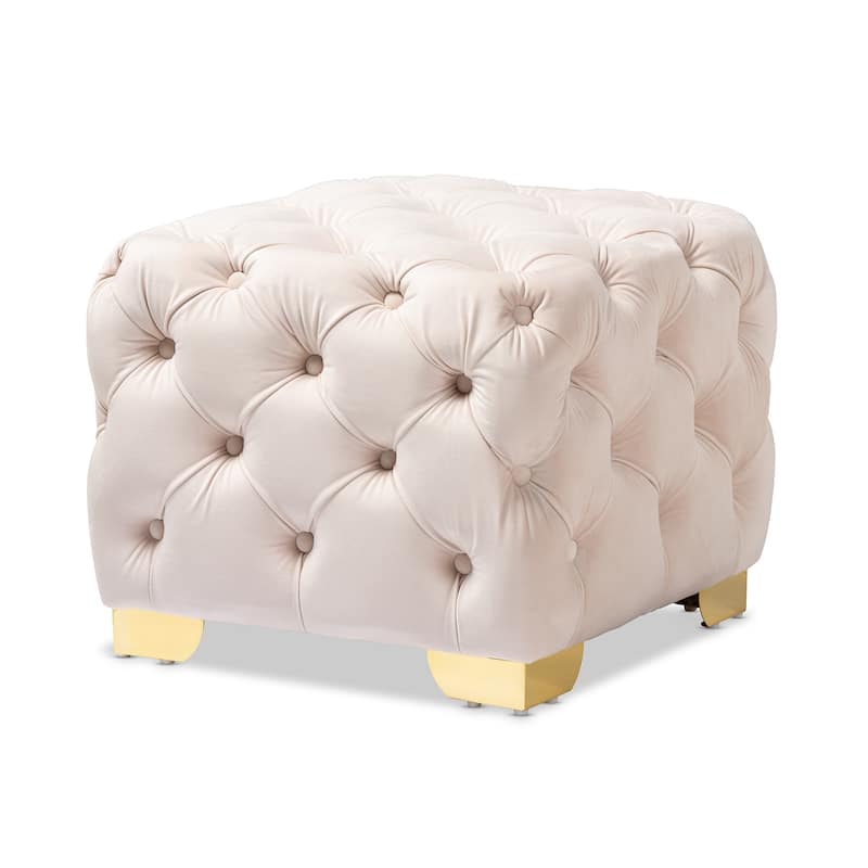Glam Velvet Ottoman with Gold Legs - Beige