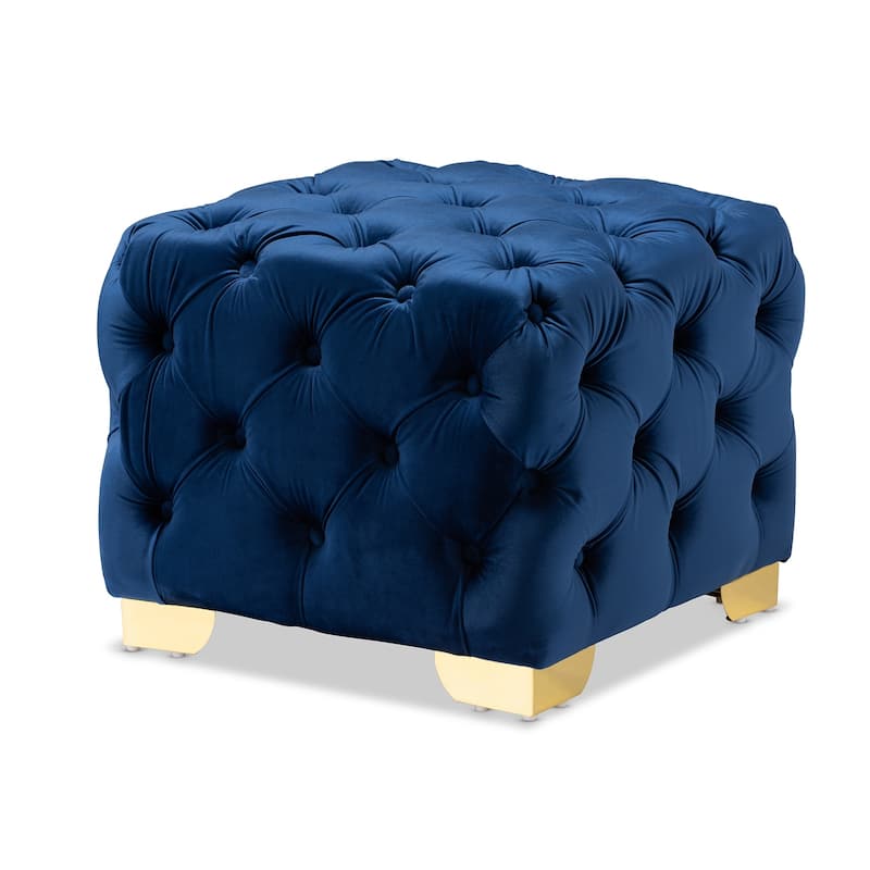 Glam Velvet Ottoman with Gold Legs - Blue