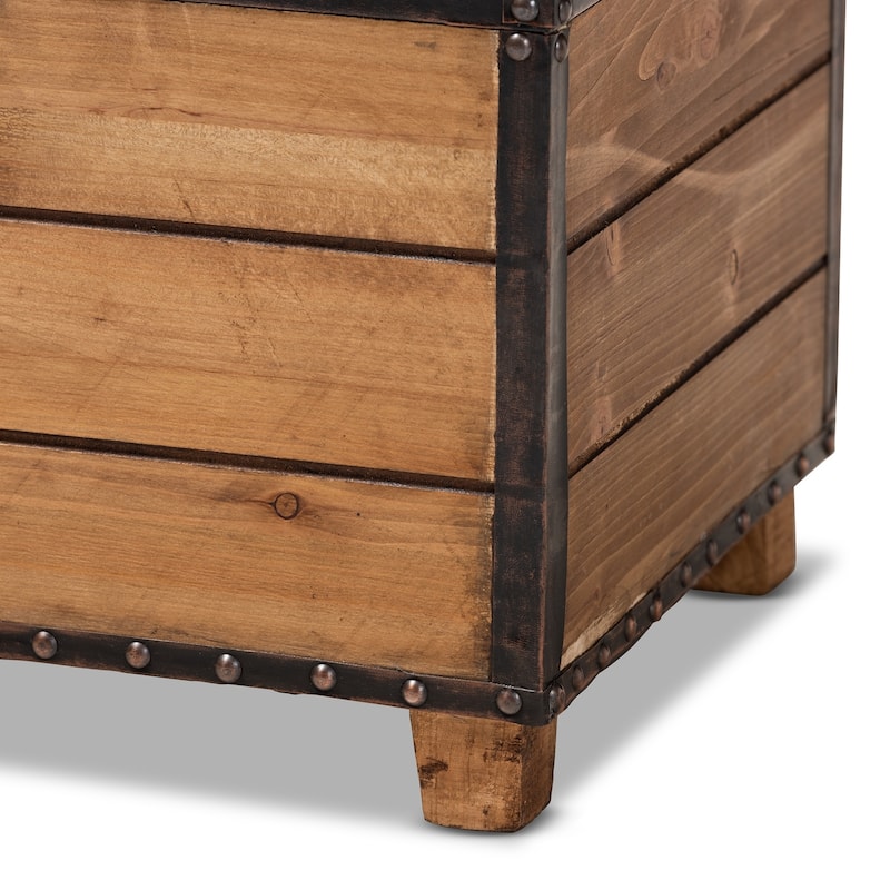 Rustic Dark Brown Faux Leather 2-Piece Wood Storage Trunk Ottoman Set