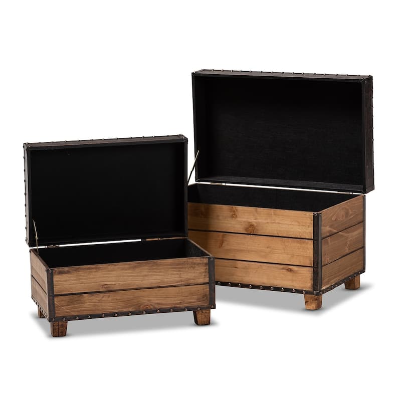 Rustic Dark Brown Faux Leather 2-Piece Wood Storage Trunk Ottoman Set
