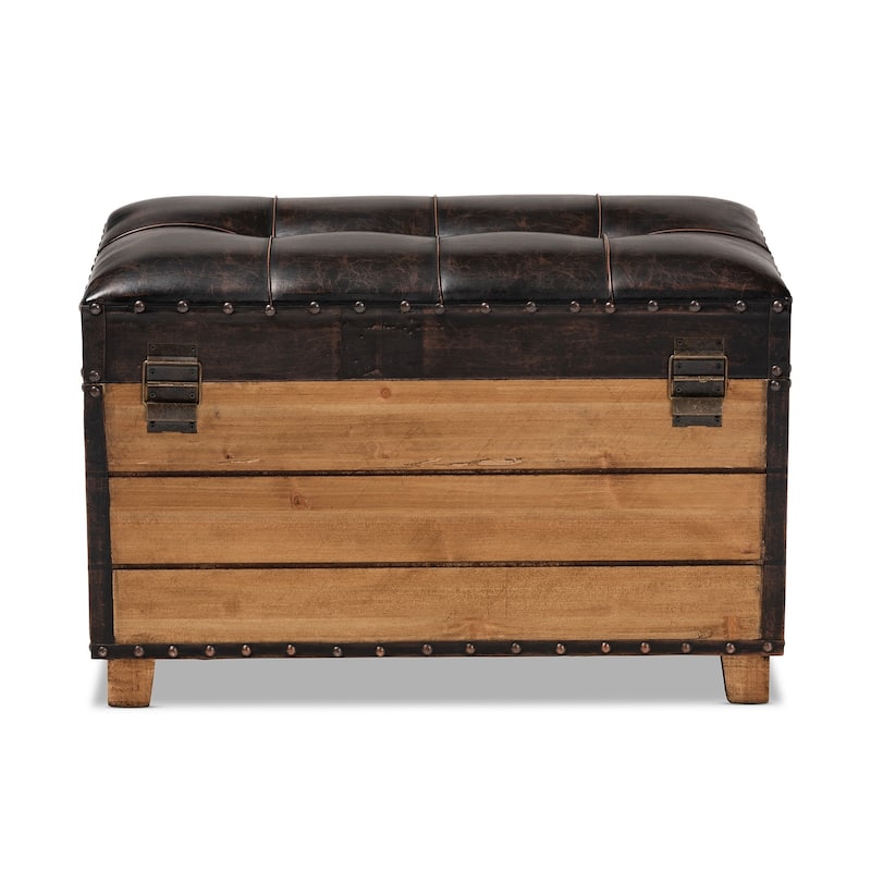 Rustic Dark Brown Faux Leather 2-Piece Wood Storage Trunk Ottoman Set