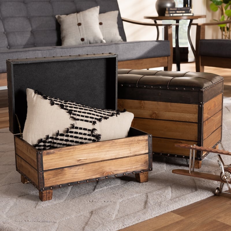 Rustic Dark Brown Faux Leather 2-Piece Wood Storage Trunk Ottoman Set