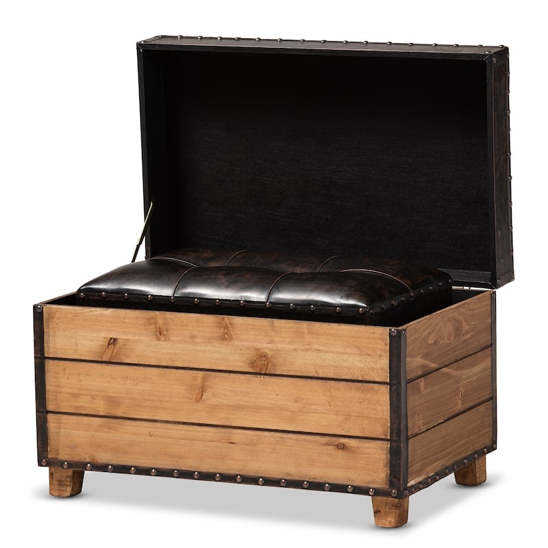 Rustic Dark Brown Faux Leather 2-Piece Wood Storage Trunk Ottoman Set