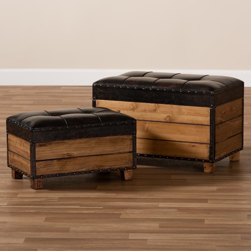 Rustic Dark Brown Faux Leather 2-Piece Wood Storage Trunk Ottoman Set