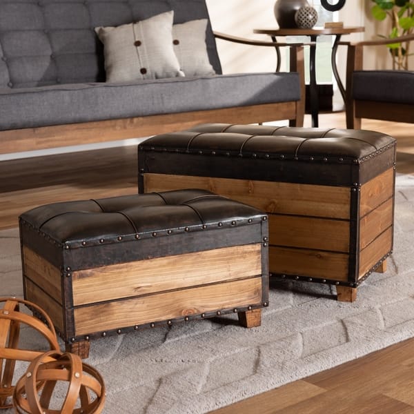 Rustic Dark Brown Faux Leather 2Piece Wood Storage Trunk Ottoman Set