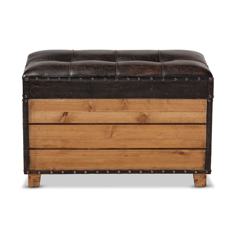 Rustic Dark Brown Faux Leather 2-Piece Wood Storage Trunk Ottoman Set