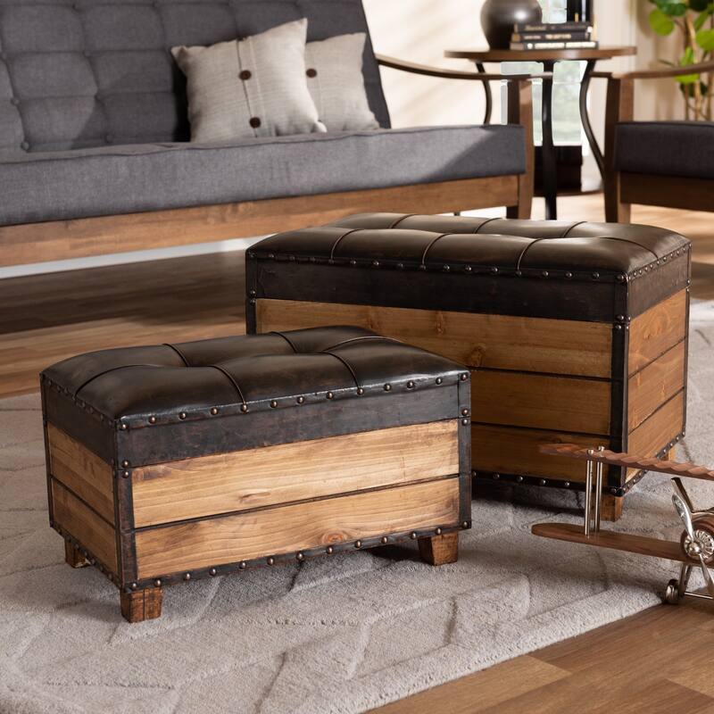 Rustic Dark Brown Faux Leather 2-Piece Wood Storage Trunk Ottoman Set