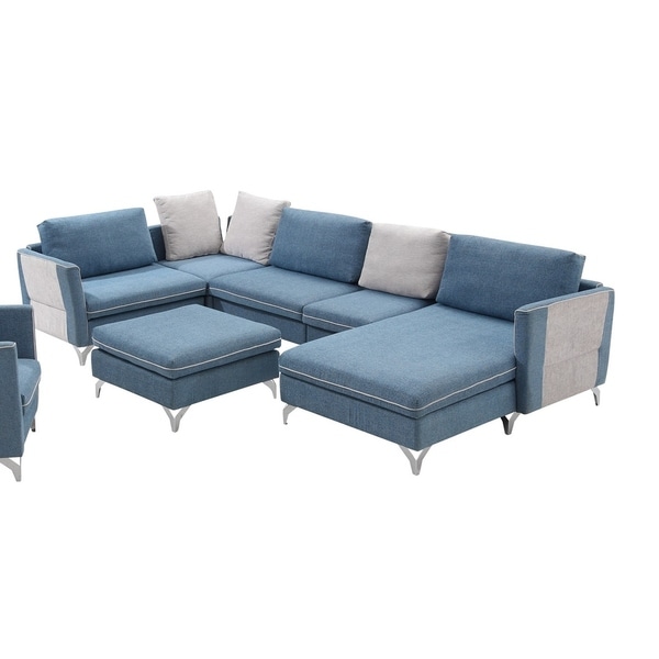 Straseni 6 Pieces Modular Sectional Sofa Upholstered in Blue Polyfiber