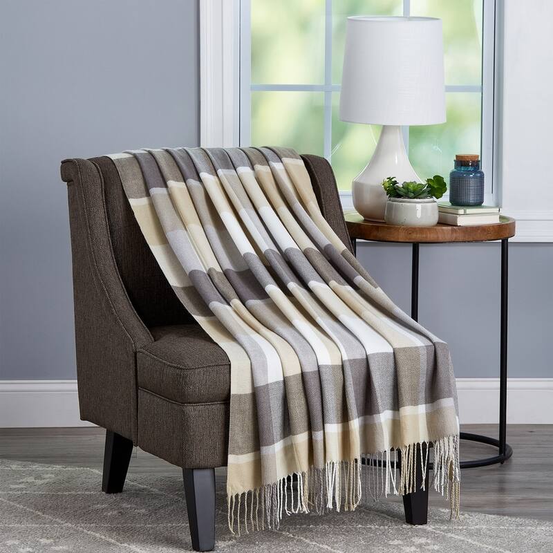 Soft Throw Blanket - Oversized, Vintage-Look, and Cashmere-Like Woven Acrylic Throw by Windsor Home - Stone Plaid