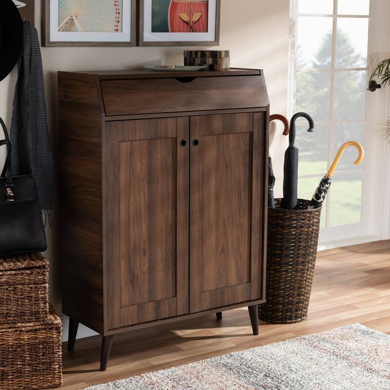 Mid-Century Walnut Brown 2-Door Shoe Storage Cabinet