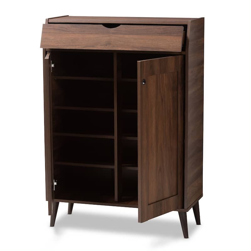 Mid-Century Walnut Brown 2-Door Shoe Storage Cabinet