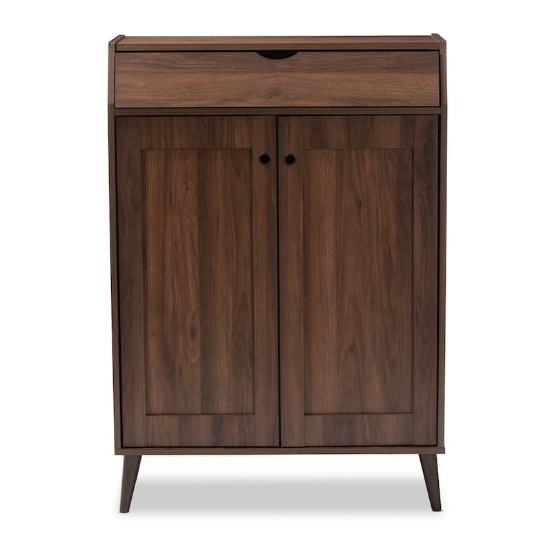 Mid-Century Walnut Brown 2-Door Shoe Storage Cabinet