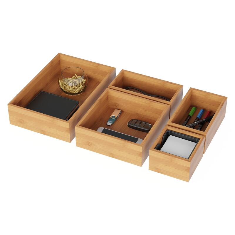 Bamboo Drawer Organizer - 5-Compartment Modular Box Set by Lavish Home (Natural Finish)