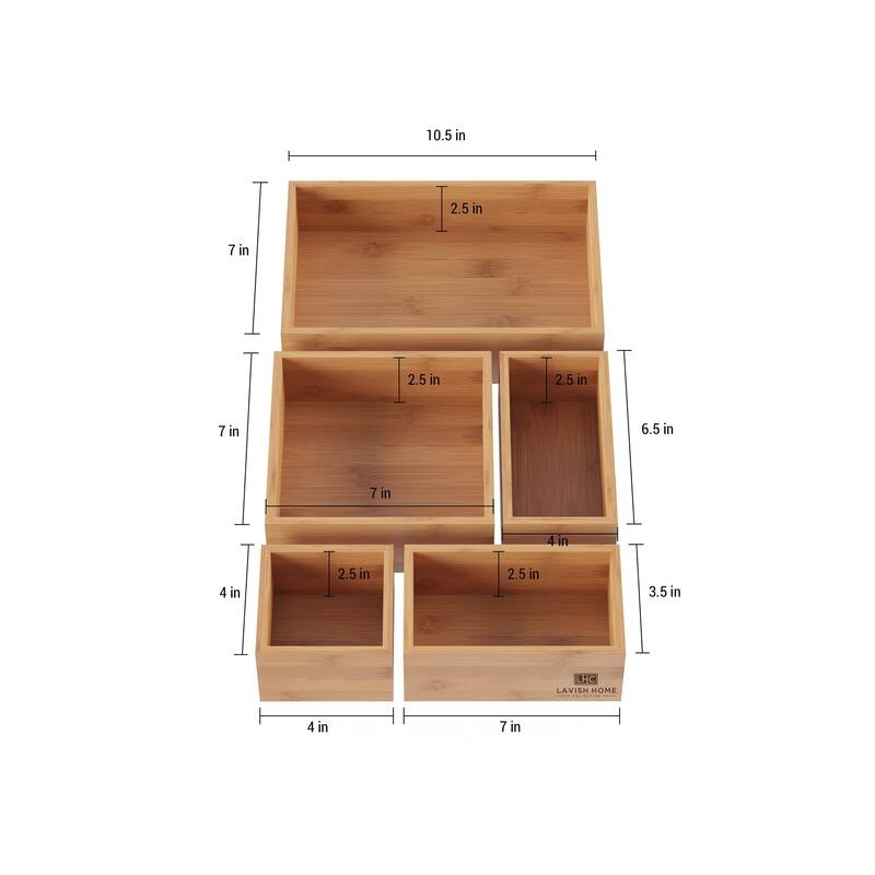 Bamboo Drawer Organizer - 5-Compartment Modular Box Set by Lavish Home (Natural Finish)