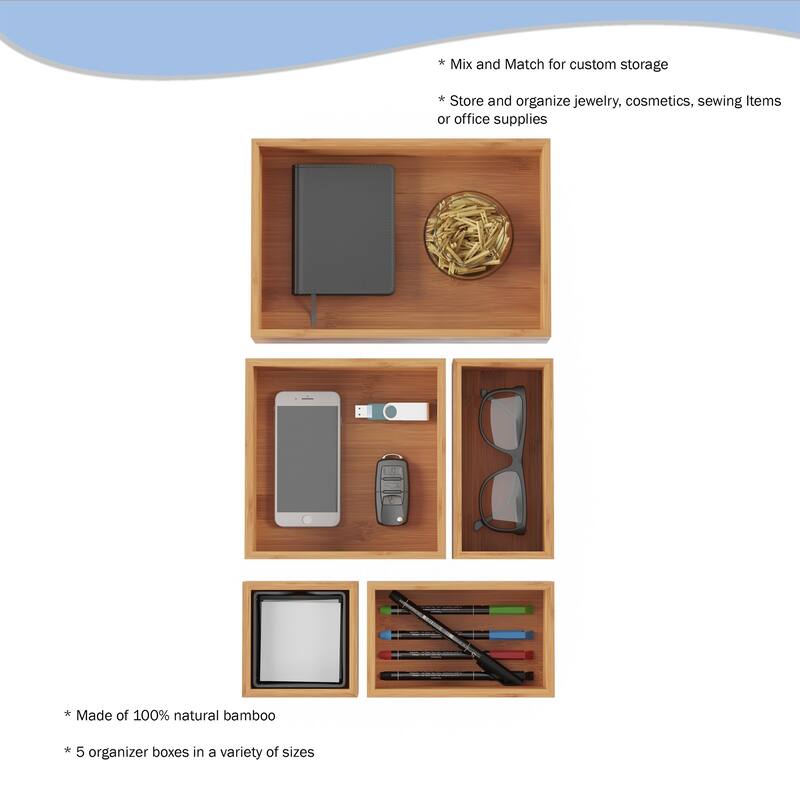 Bamboo Drawer Organizer - 5-Compartment Modular Box Set by Lavish Home (Natural Finish)