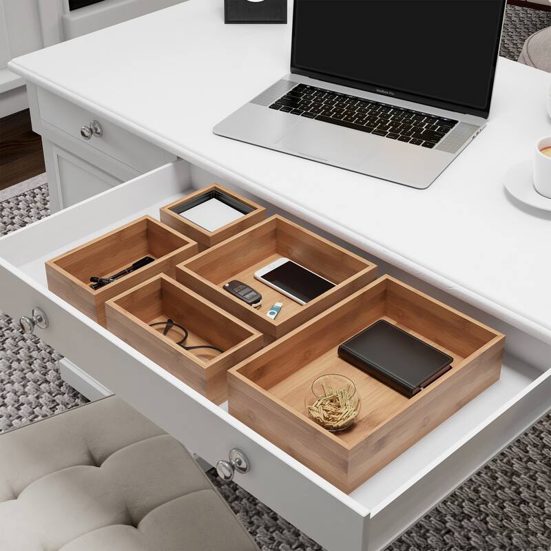 Bamboo Drawer Organizer - 5-Compartment Modular Box Set by Lavish Home (Natural Finish)