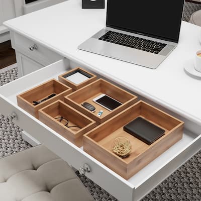 Bamboo Drawer Organizer - 5-Compartment Modular Box Set by Lavish Home (Natural Finish)