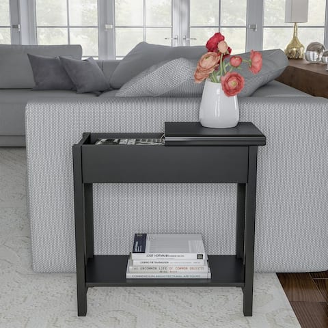 Flip Top End Table-Slim Side Console with Hidden Hinged Storage Compartment and Lower Shelf-Great by Lavish Home
