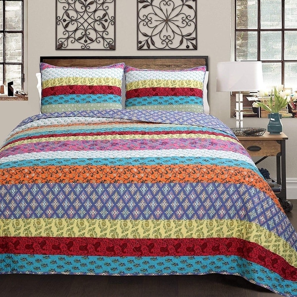 Cozy Line Kozlowski 3-Piece Rainbow Stripe Reversible Cotton Quilt Set ...