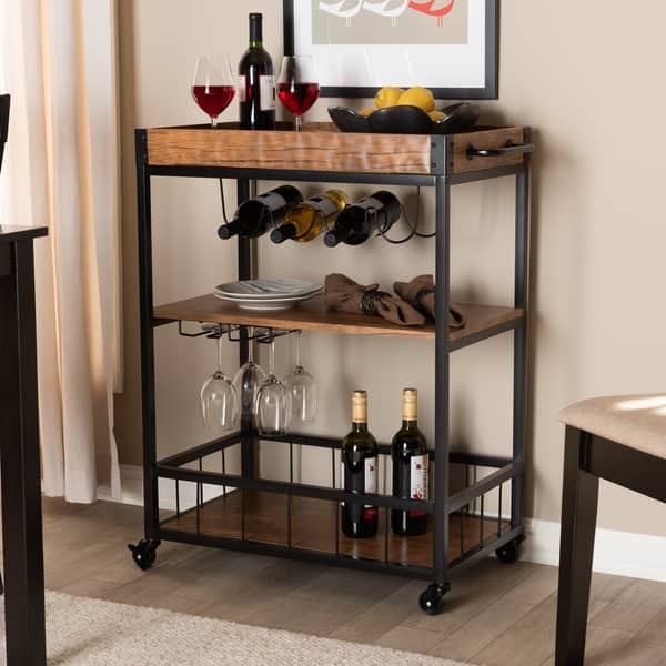 Shop Industrial Oak Brown Mobile Bar Cart With Wine Bottle Rack